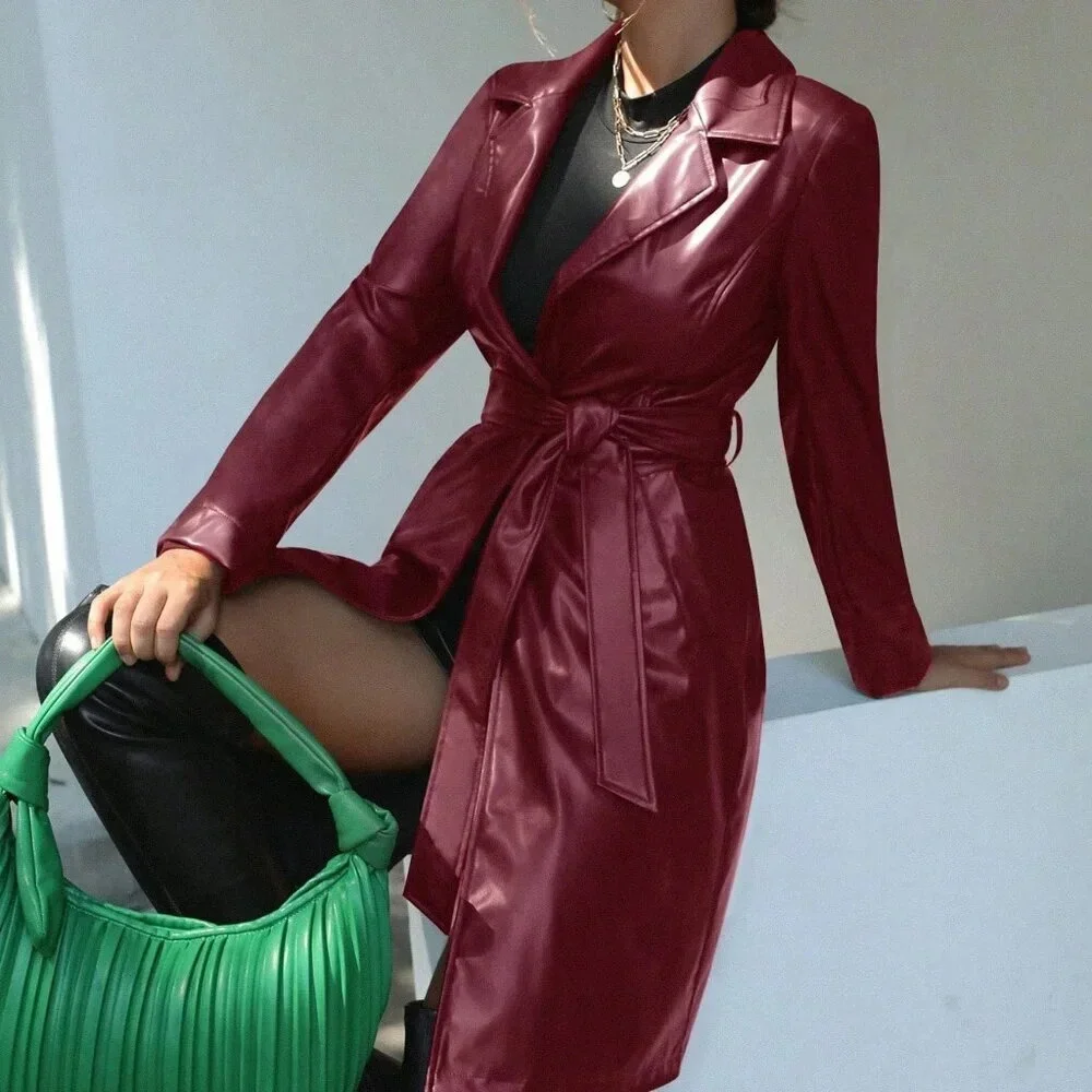 Burgundy Elegant Women's Faux Leather Waist Belted Trench Coat - Picture 6 of 6